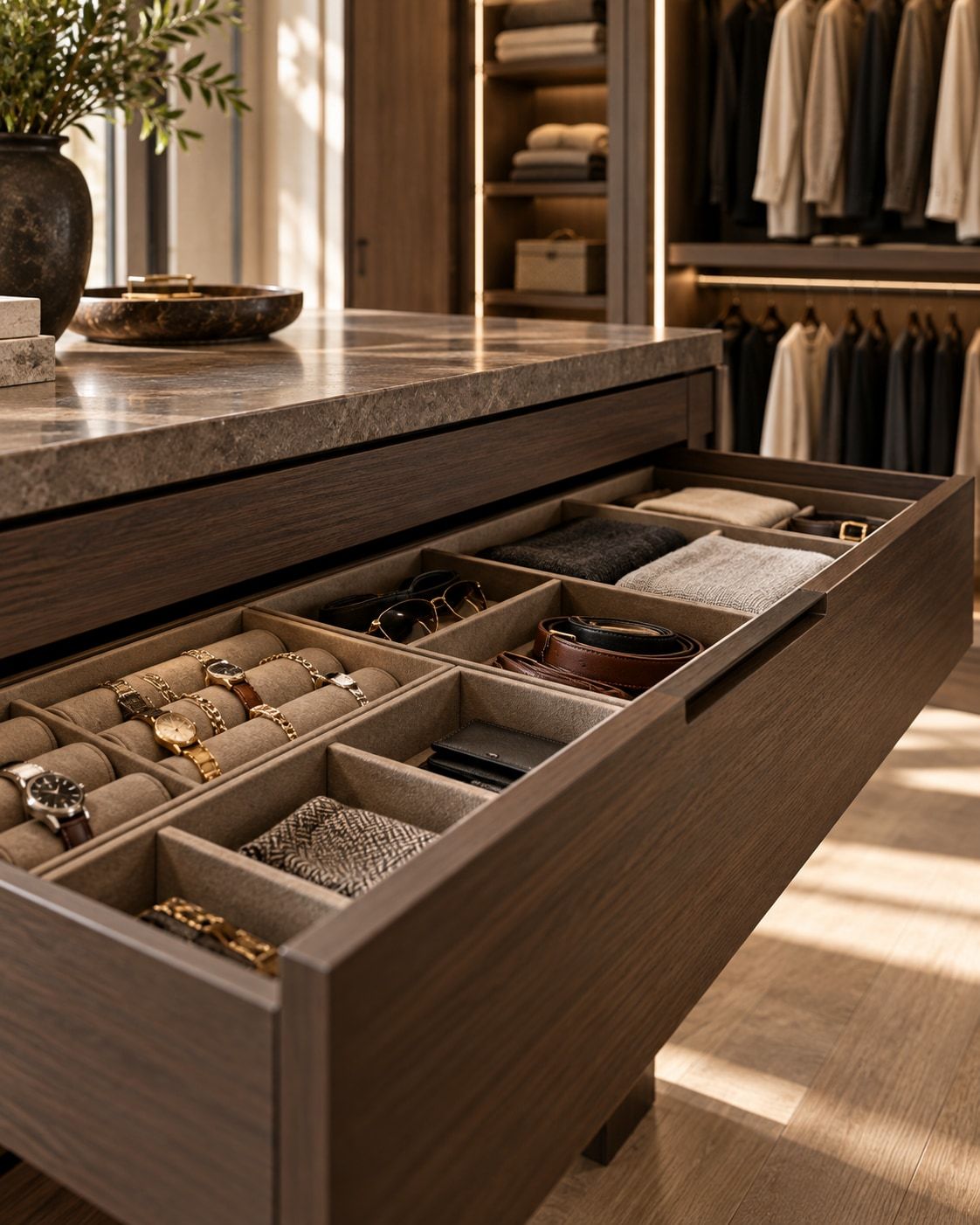 Open walnut drawer with suede-lined compartments holding watches and folded accessories