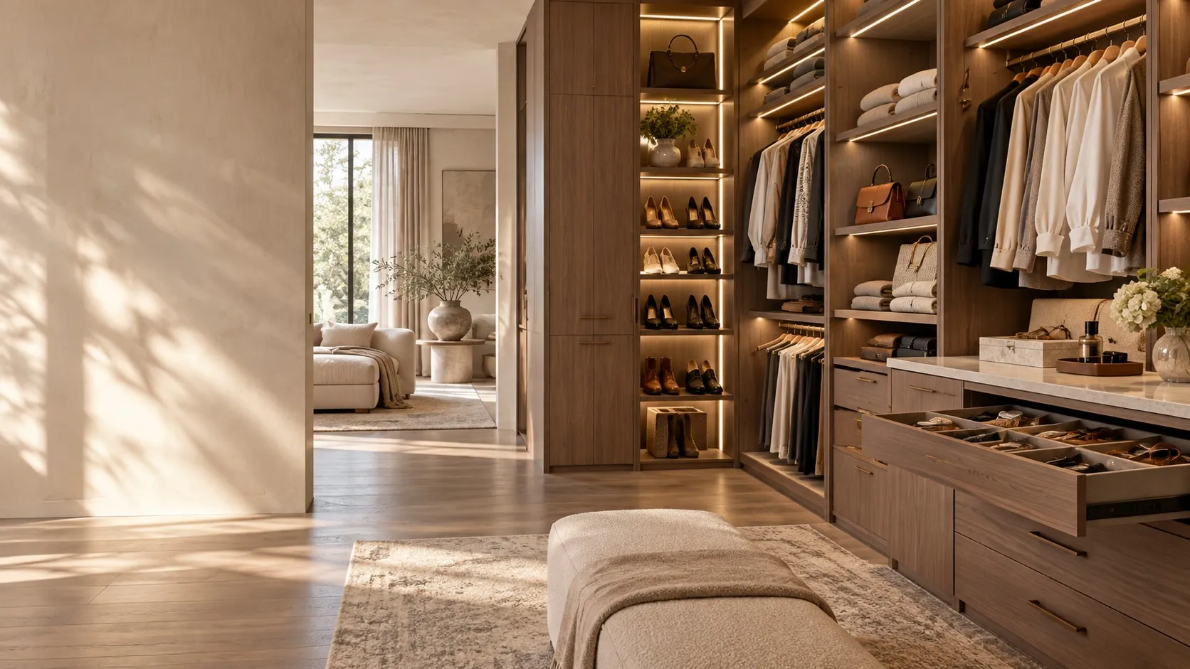 Walk-in wardrobe in warm walnut, with lit shelves of folded knitwear, hanging shirts and an open drawer of accessories