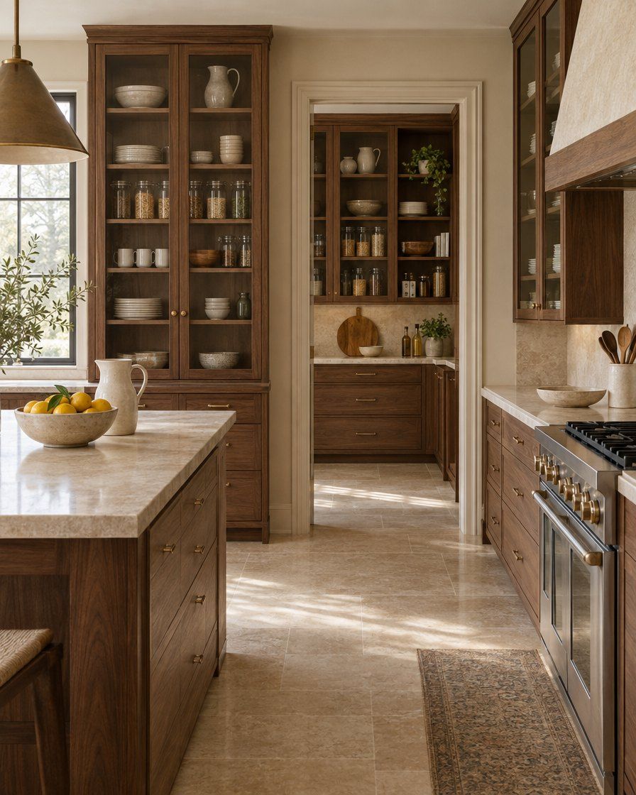The same kitchen finished, with ordered glass-front cabinets, a clear island and no boxes